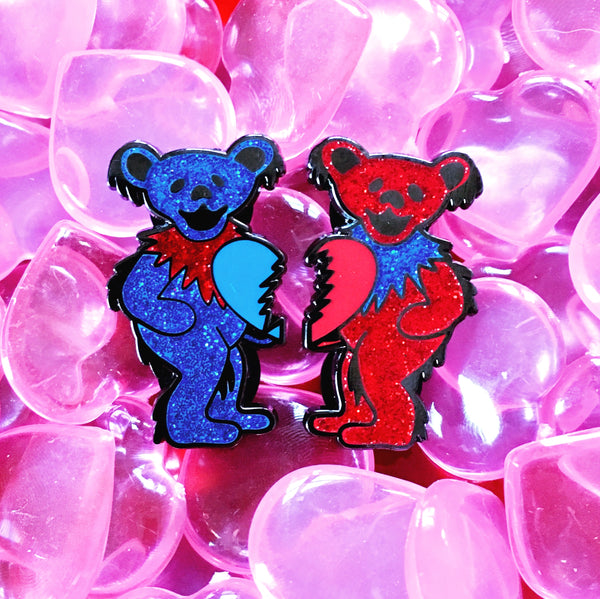 They Love Each Other Bears Pin Set - Red and Blue Glitter
