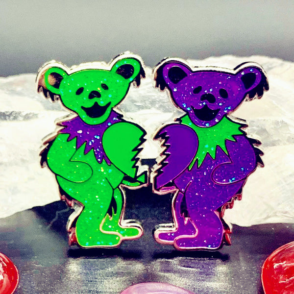 They Love Each Other Bears Pin Set- Green and Purple Glitter